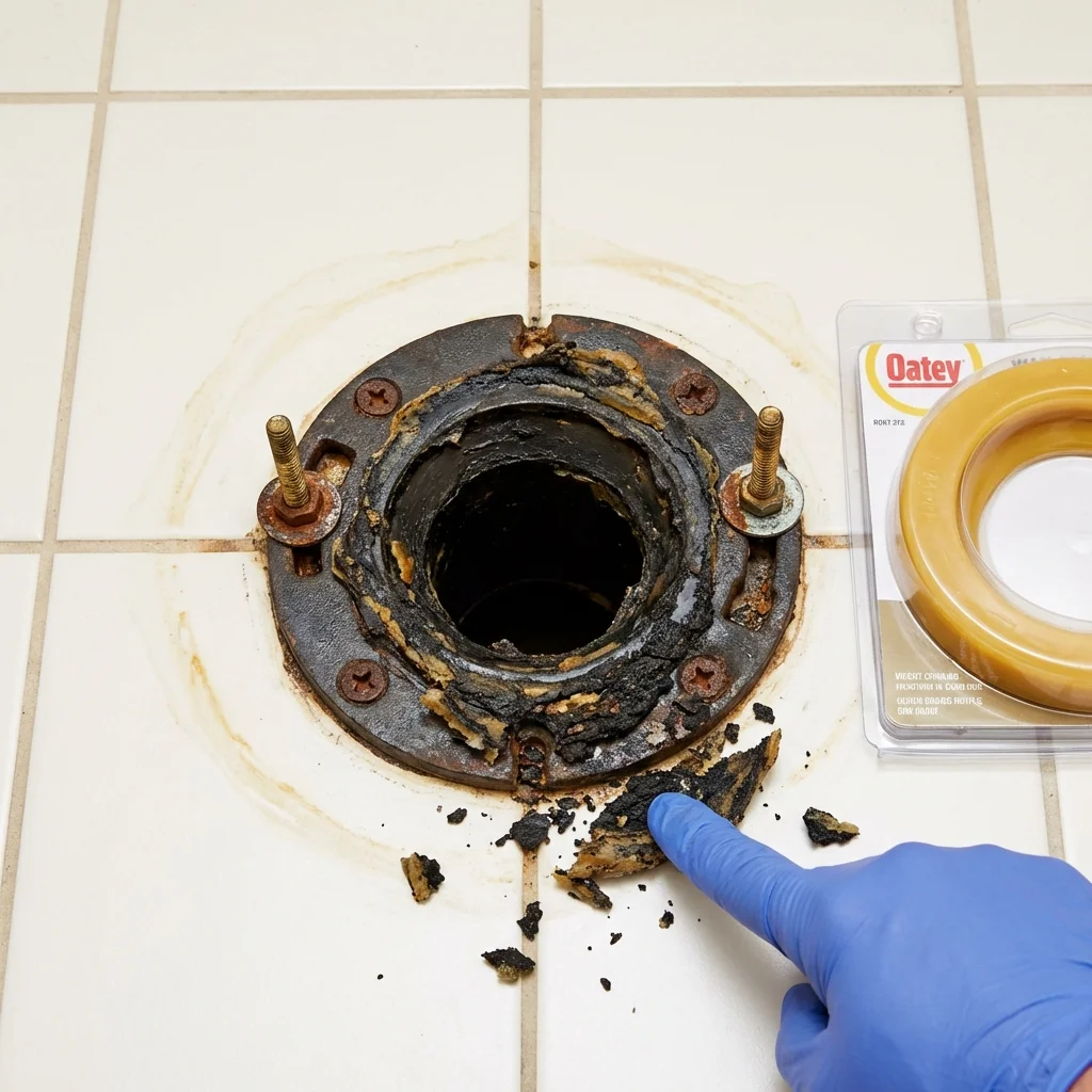 Failed wax ring showing water seepage at the base of a toilet in a Venice, IL home