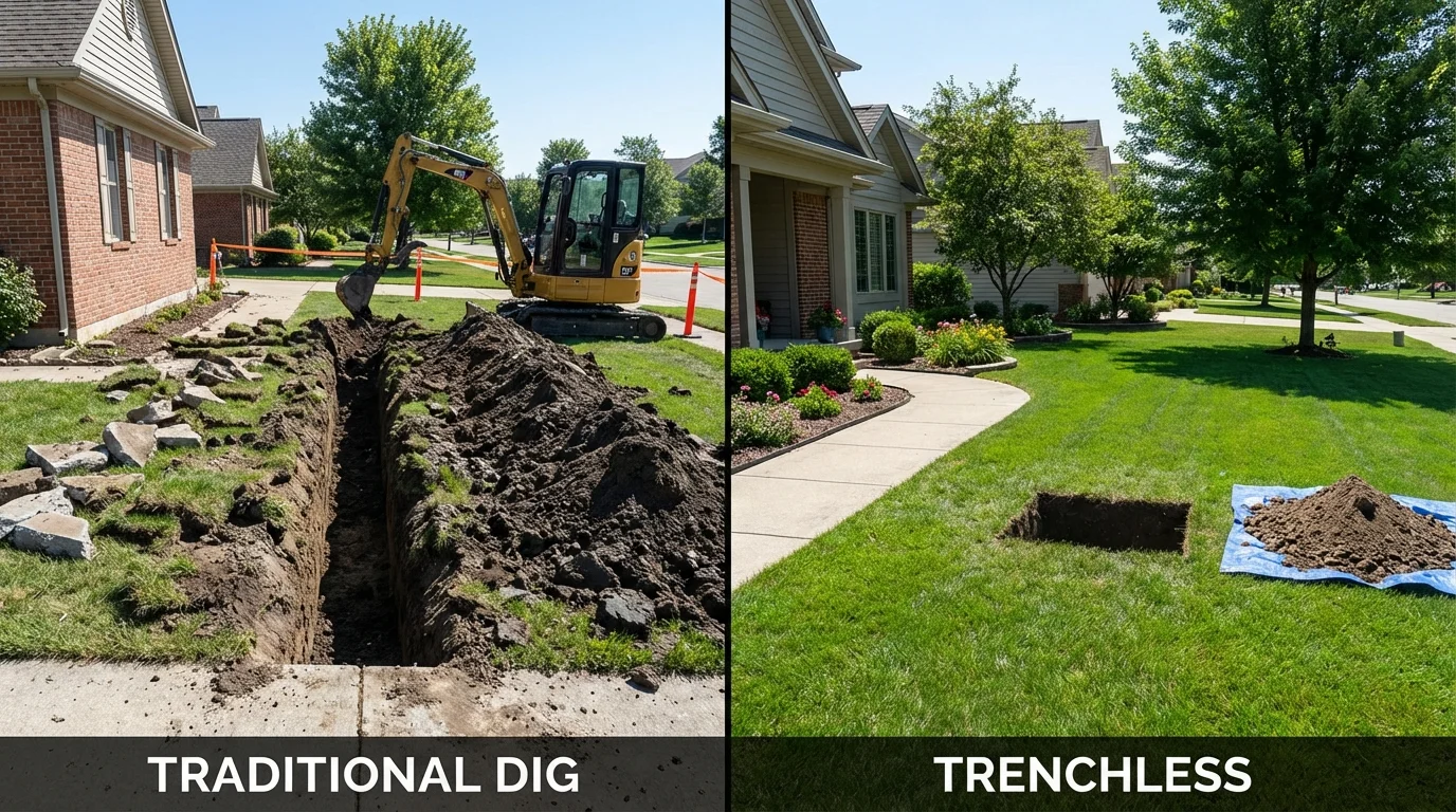 Trenchless sewer repair with minimal yard damage versus traditional excavation in Venice, IL